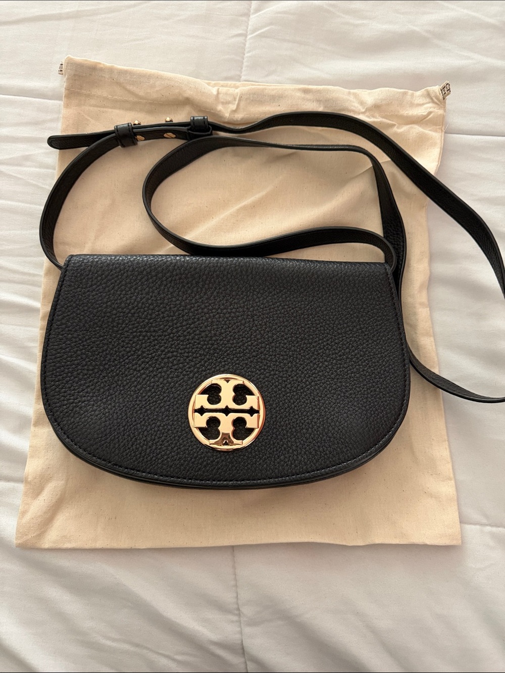 Tory Burch Black Pebbled Leather Crossbody with Gold Logo Medallion